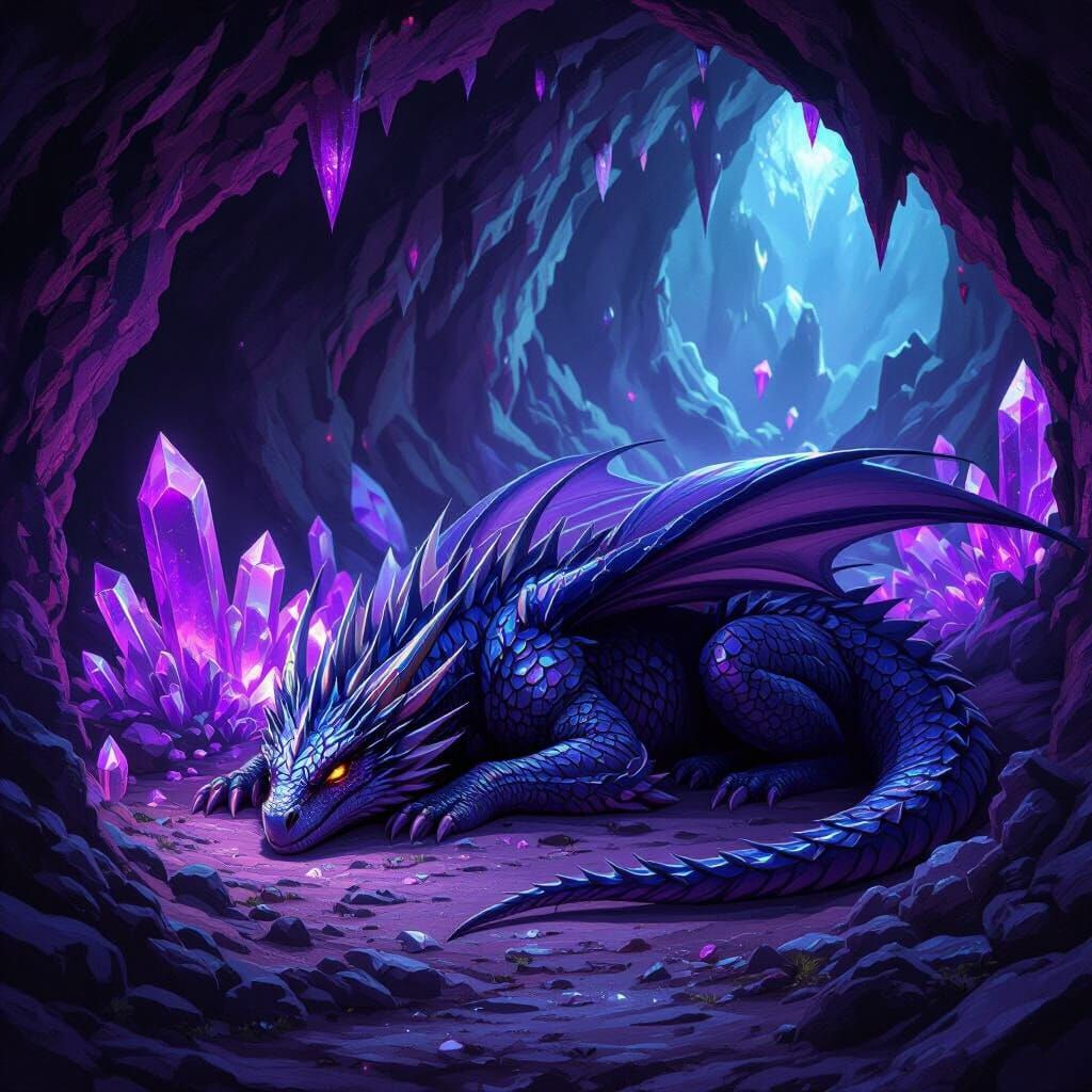 Night Dragon Asleep in Crystal Cave in Digital Art Style