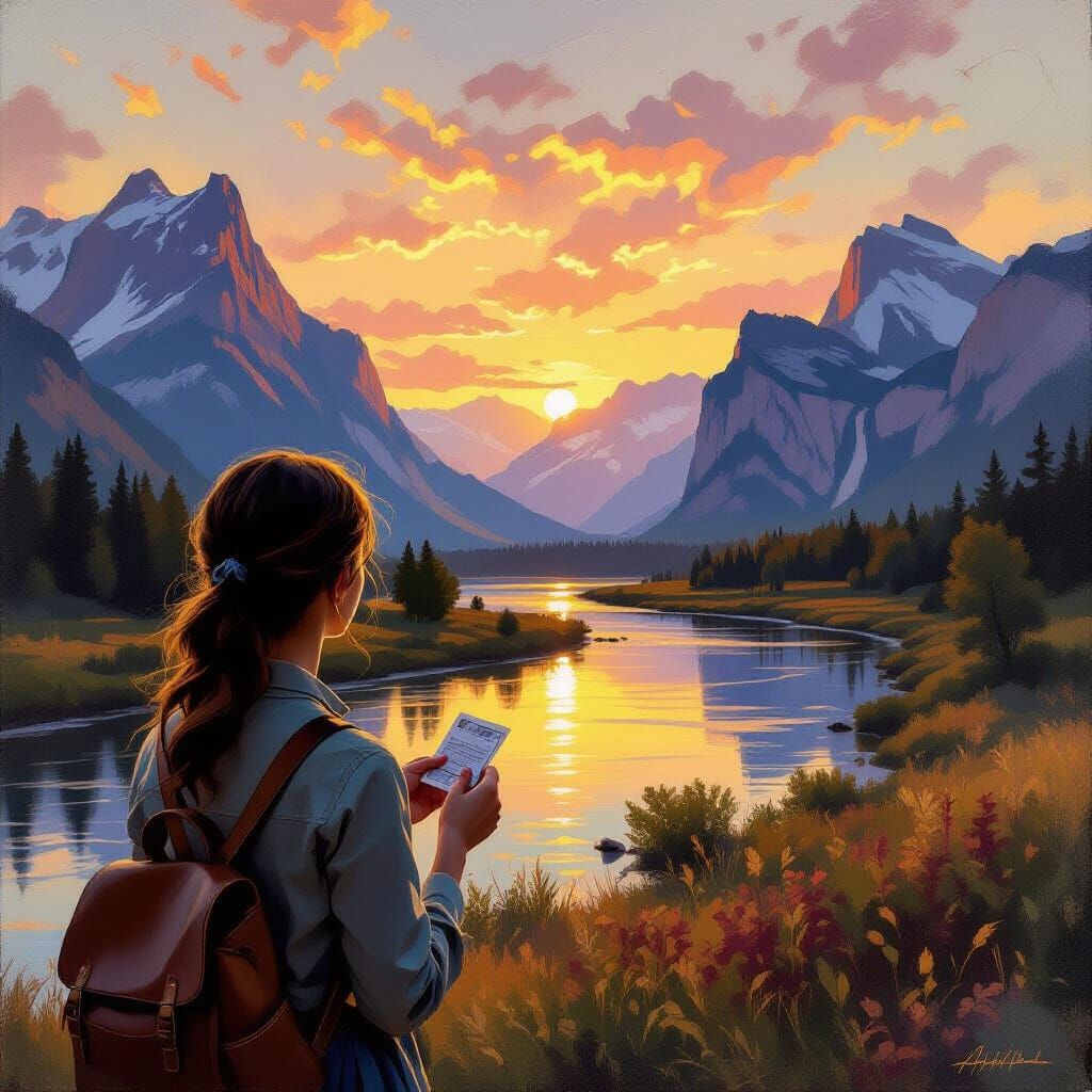 Woman Embarks on Journey Through Majestic Landscape at Sunse...