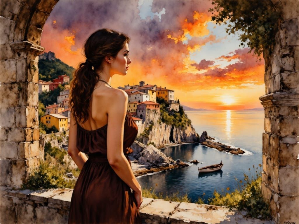 Woman Gazes at Coastal Sunset Through Stone Window