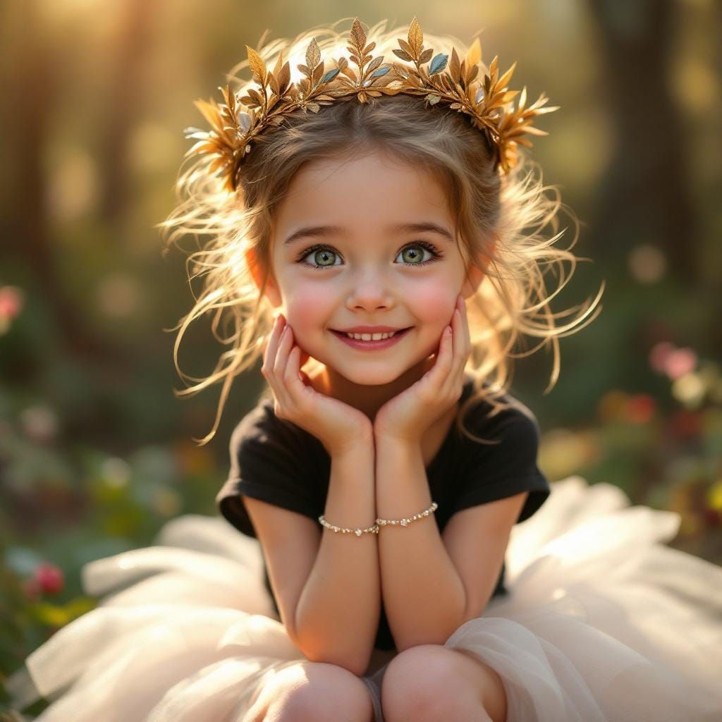 Joyful Girl with Laurel Wreath in Forest, Oil Painting