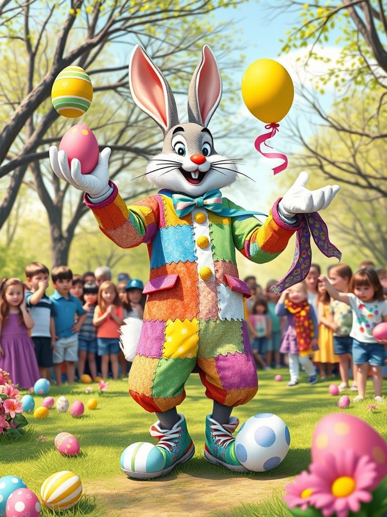 Whimsical Easter Bunny Entertains in Vibrant Park Scene
