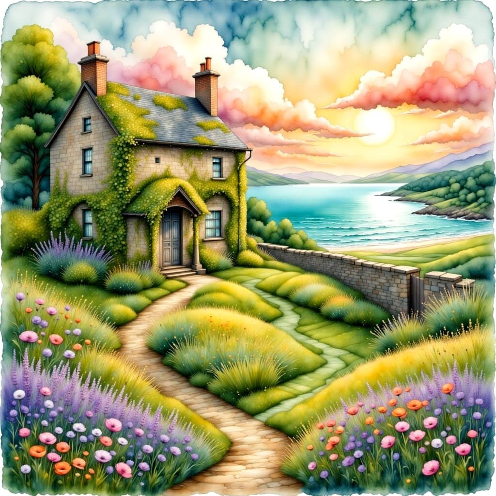 Whimsical Stone Farmhouse at Sunset