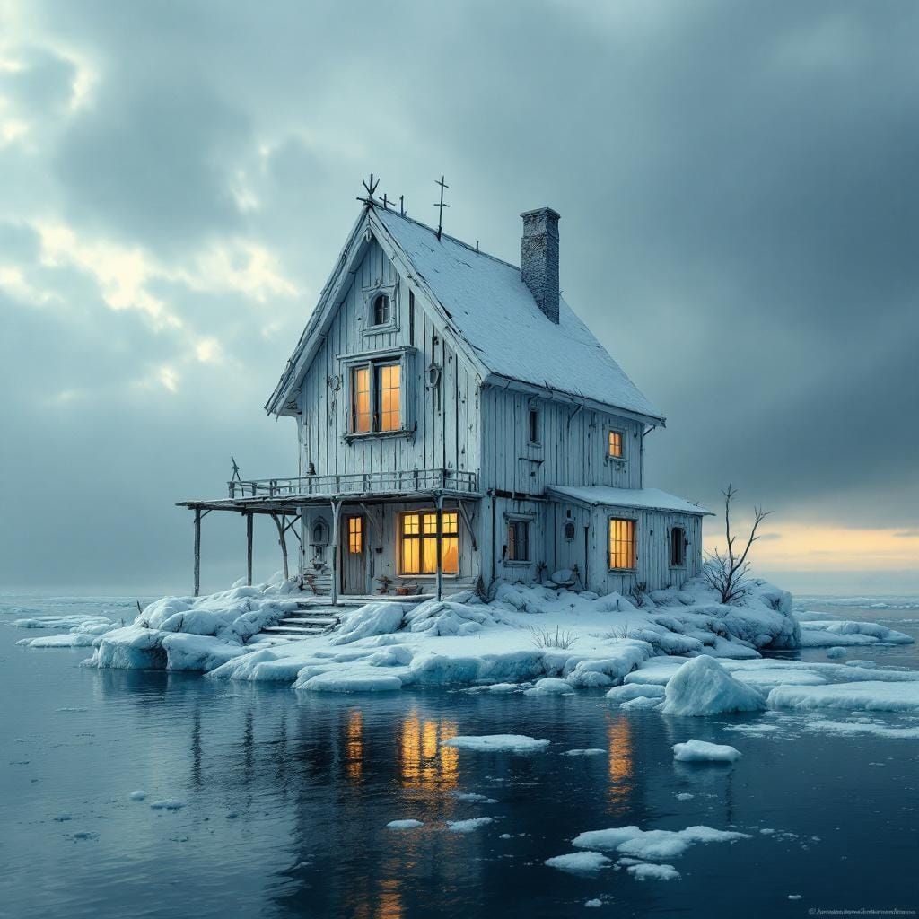 Icepunk House on Frozen Island in Cinematic Style