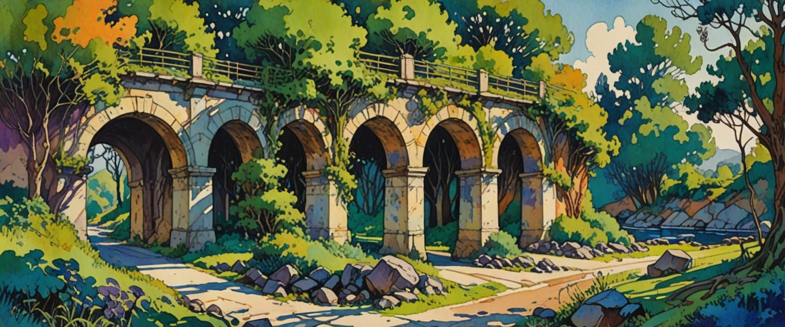 Impressionist Factory Zone with Arched Bridge