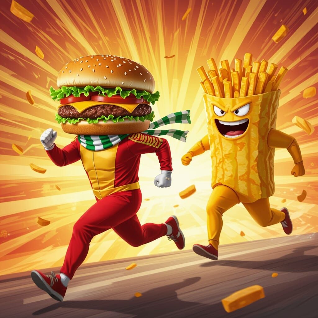Burger Person Running from Fries in Stylized Digital Art