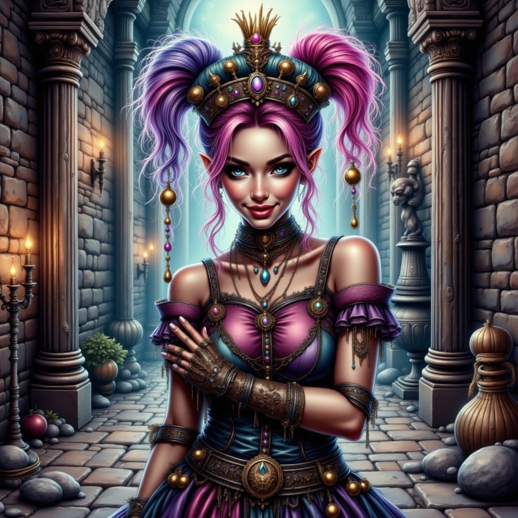 Gothic Punk Jester in Whimsical Watercolor Art