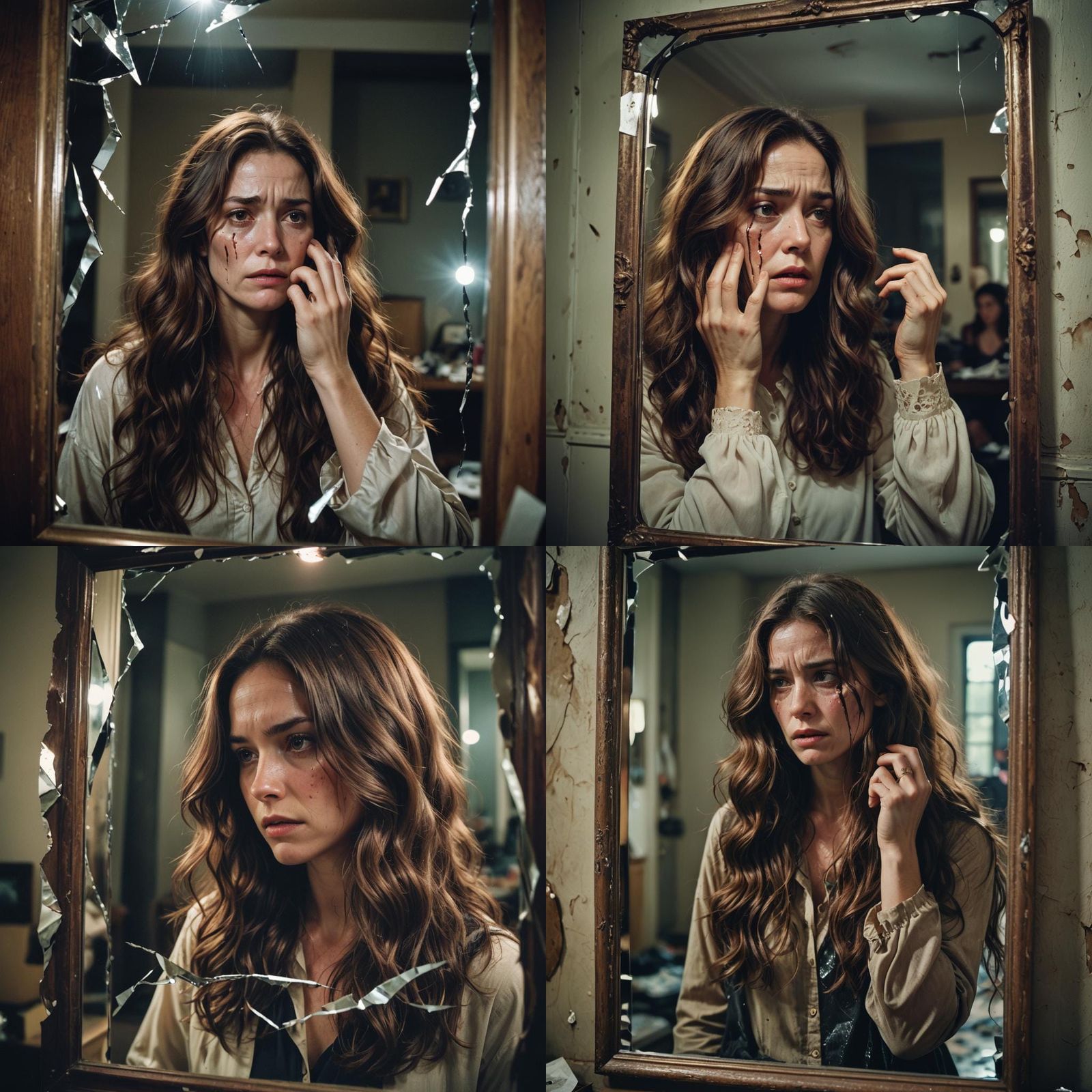 Woman Reflects Inner Turmoil in Broken Mirror