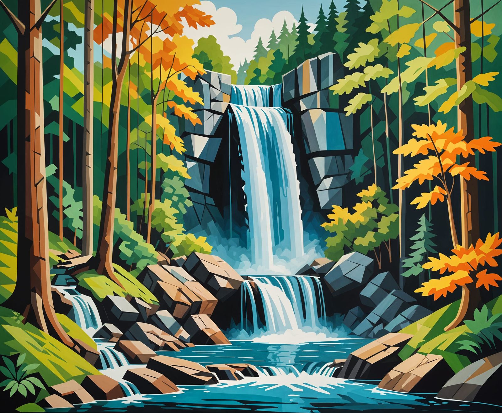 Cubist Waterfall Scene in the Woods