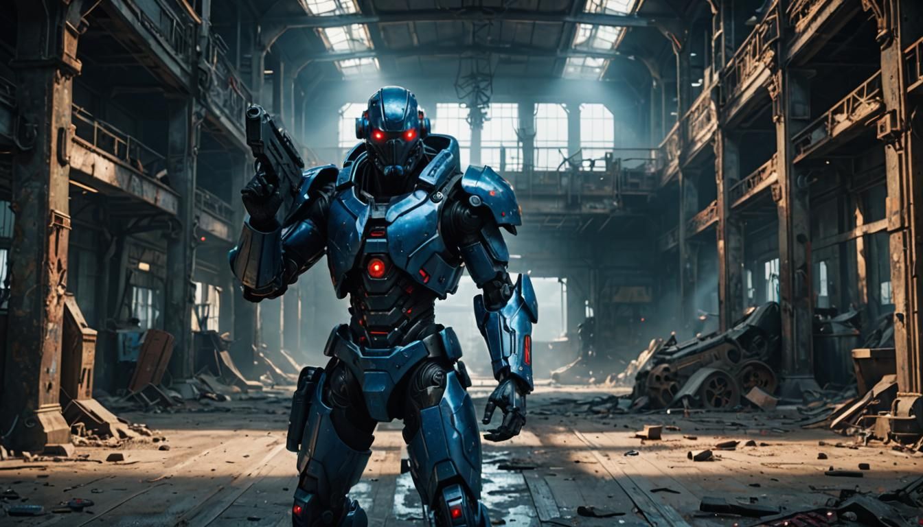 Cyborg with Gun in Post-Apocalyptic Hall