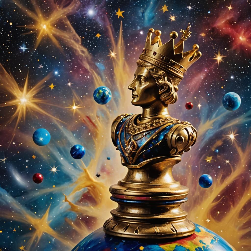 Golden Chess Queen Atop Earth in Abstract Galaxy