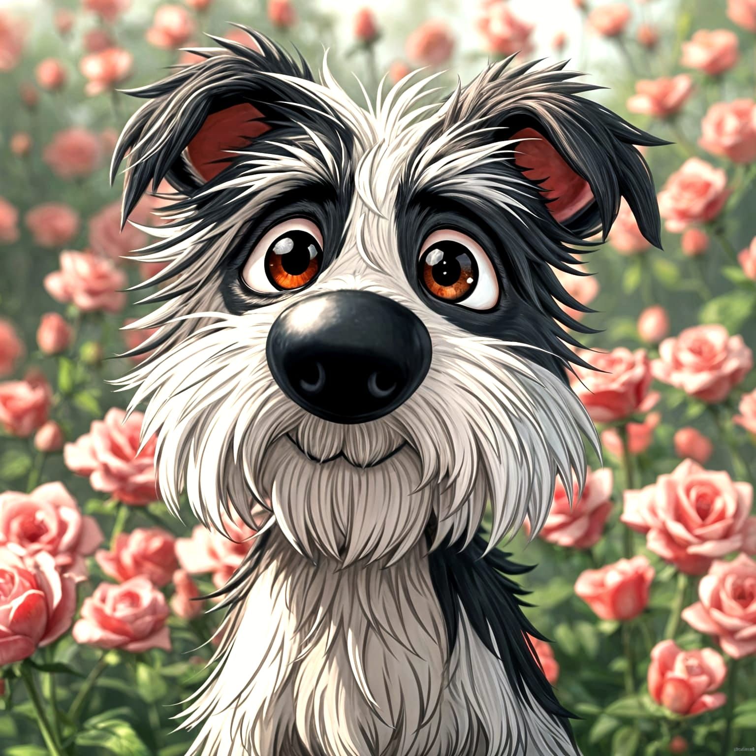 a scruffy dawg in a rose garden