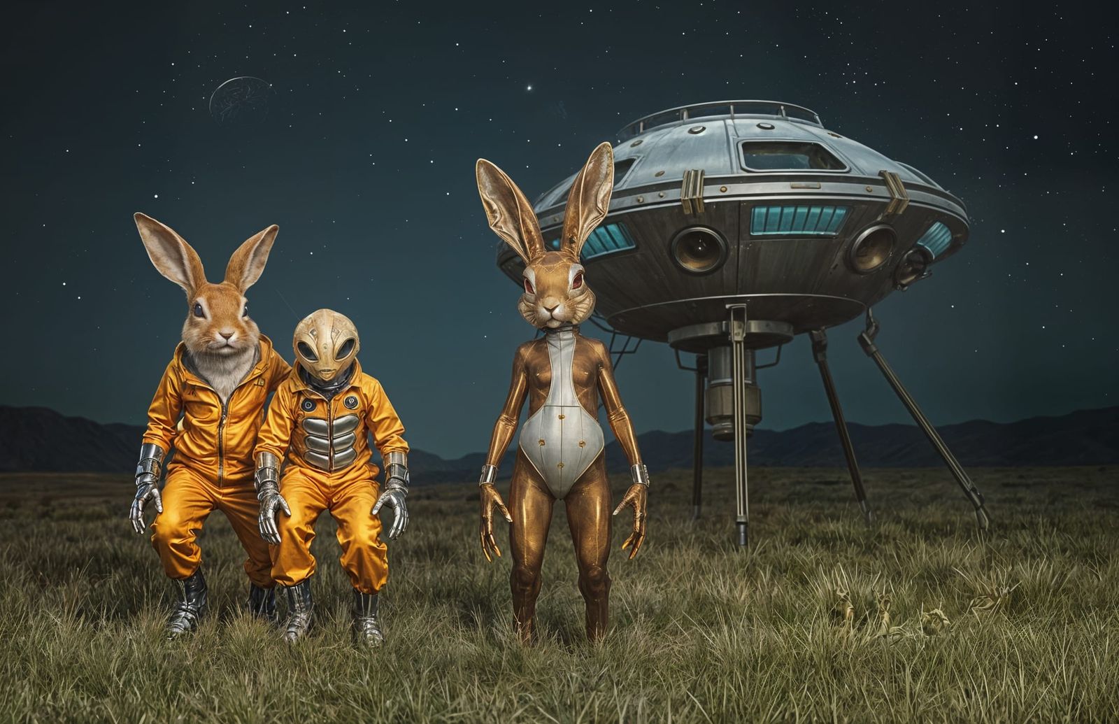 Bunnies and Alien in Gold Jumpsuits on Earth