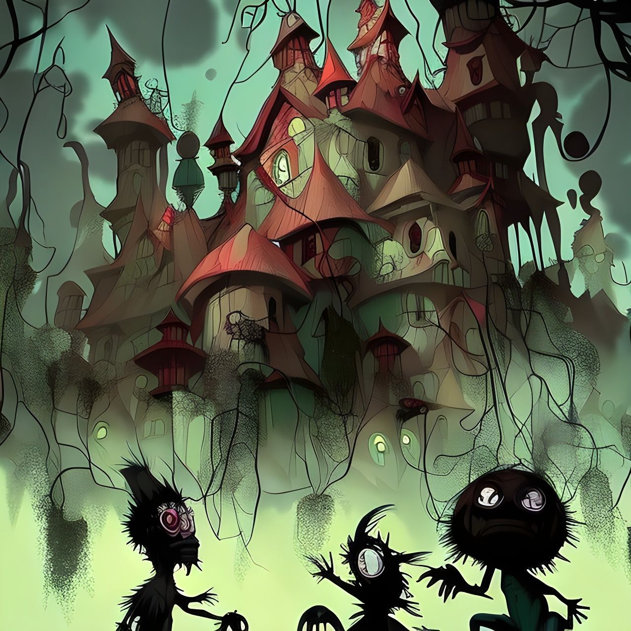 Chibi Monsters at Haunted Mansion Illustration