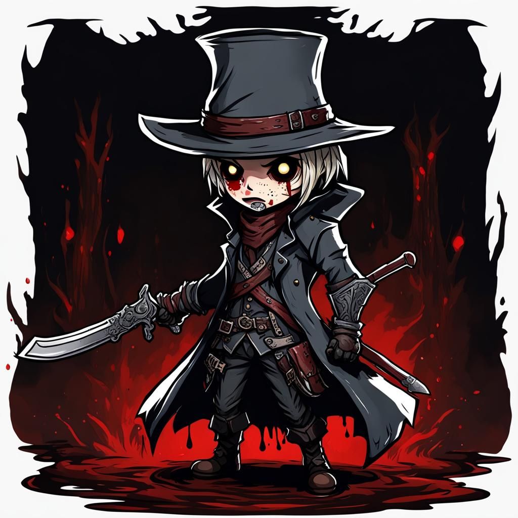 Chibi Bloodborne Hunter in Bloody Dark Style
