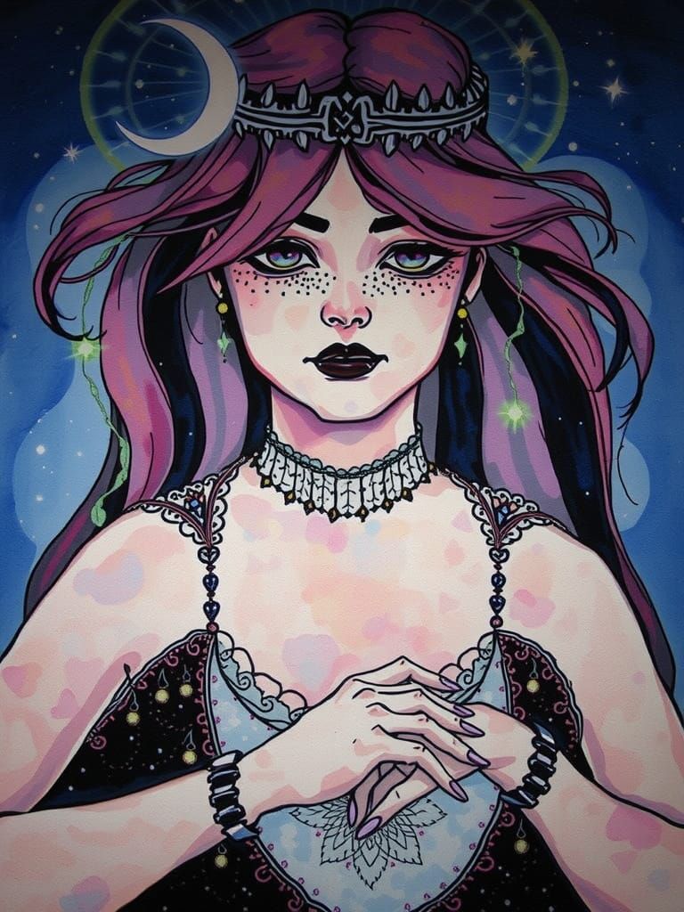 Mystical Woman in Moonlit Forest: Ethereal Watercolor Art