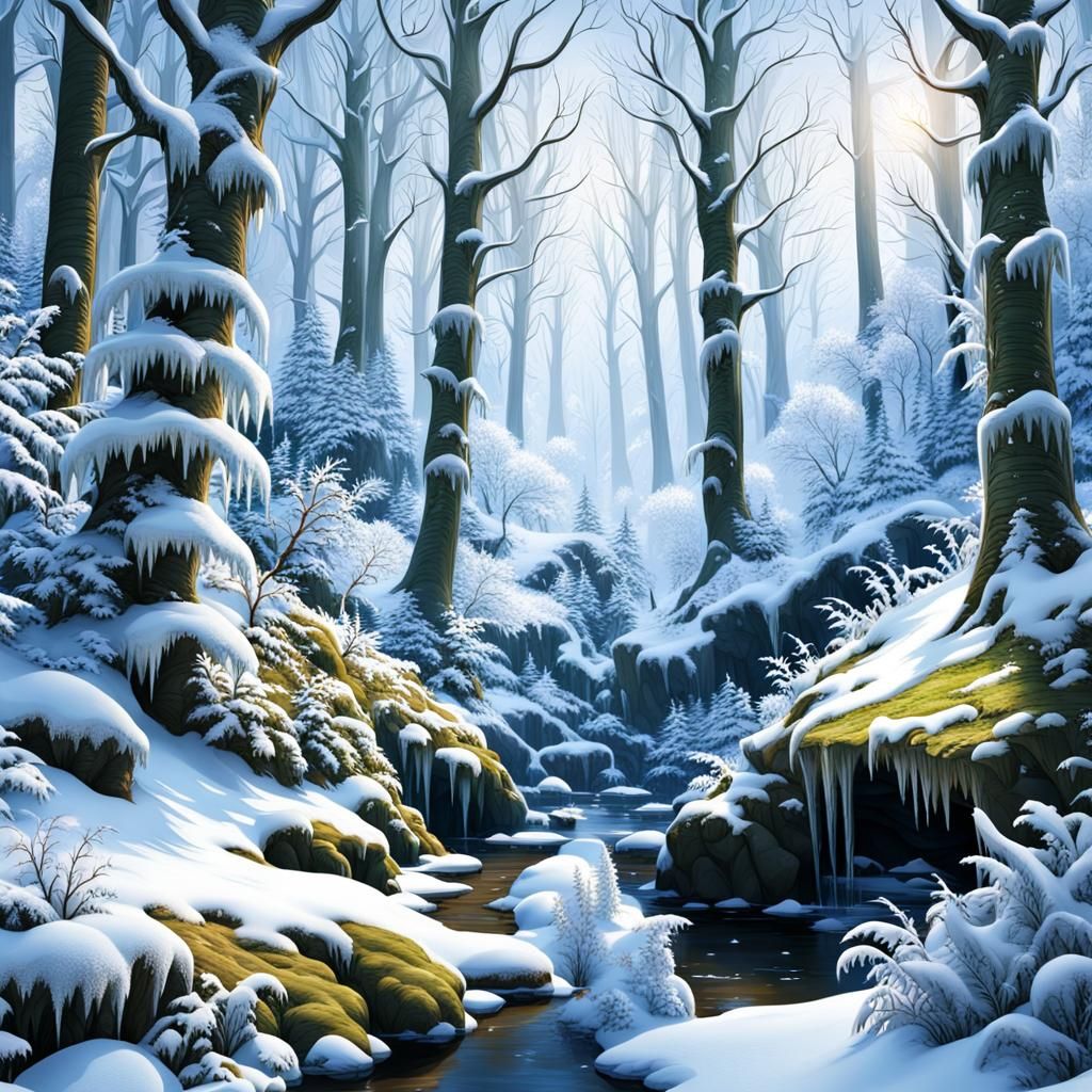 Snowy Woodland Wonderland with Icicles