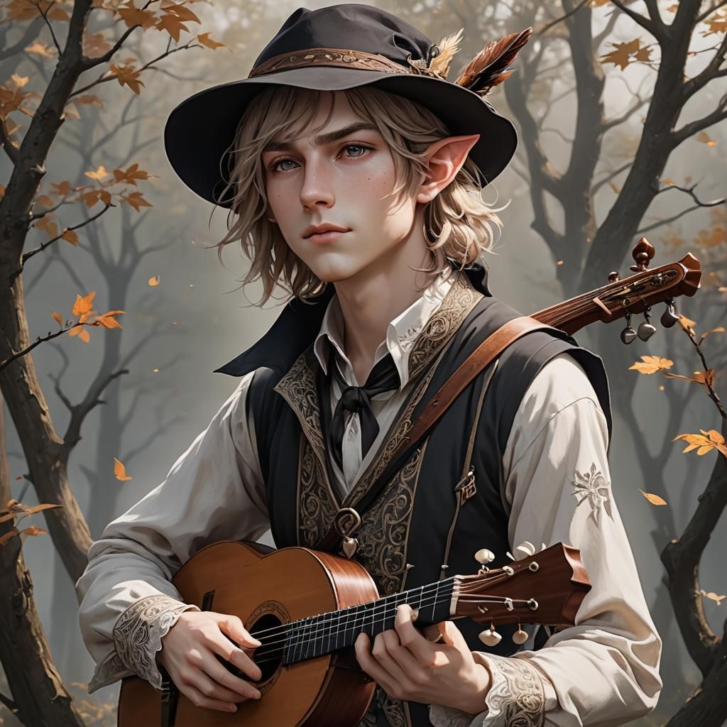 Gloomy Half-Elf Bard Playing Lute in Anime Style