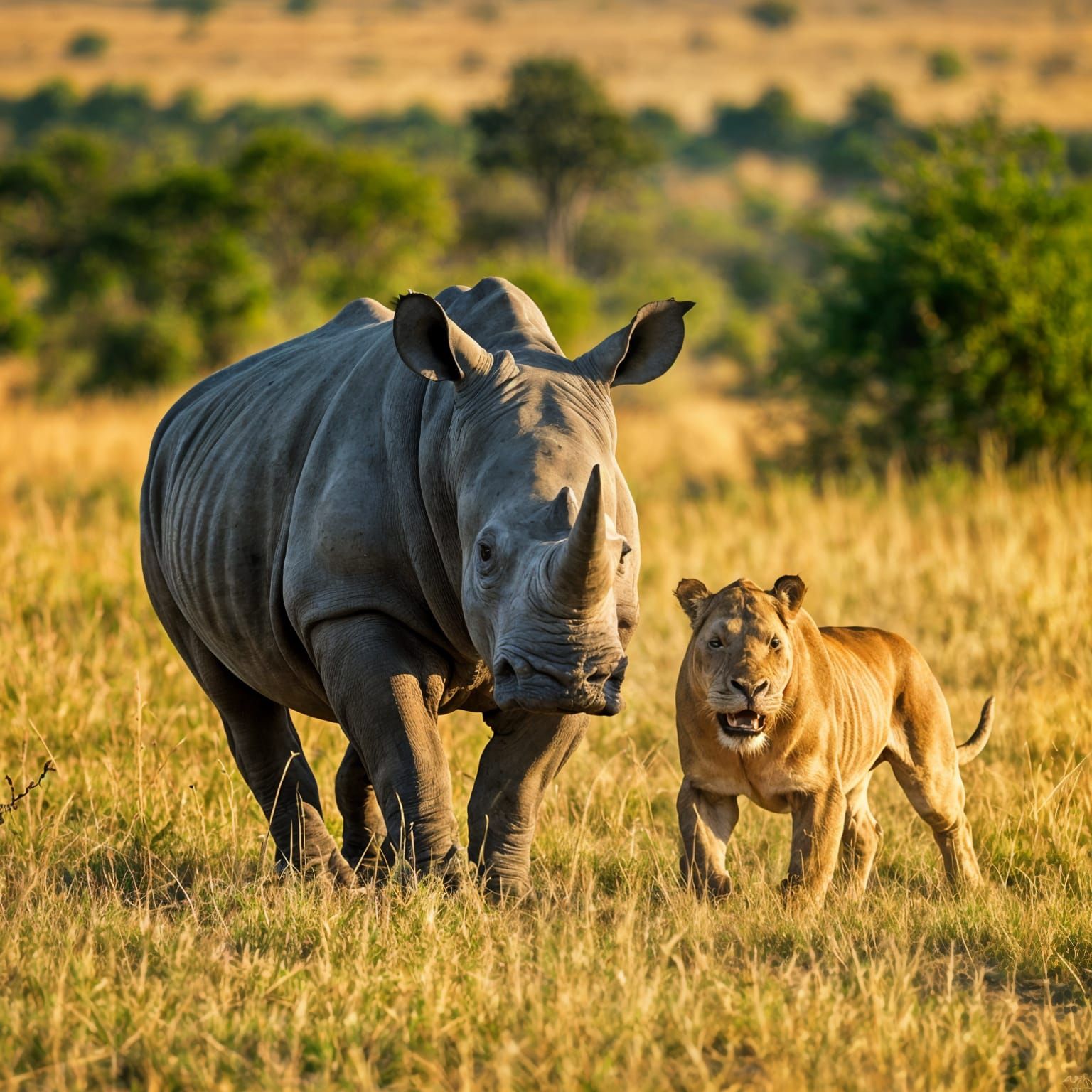 Rhinoceros Charges Lion on Sun-Drenched Savanna