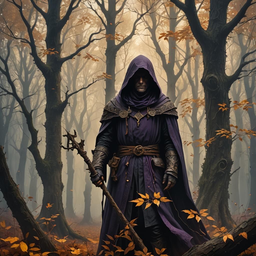 Mystical Hooded Figure in Autumnal Forest