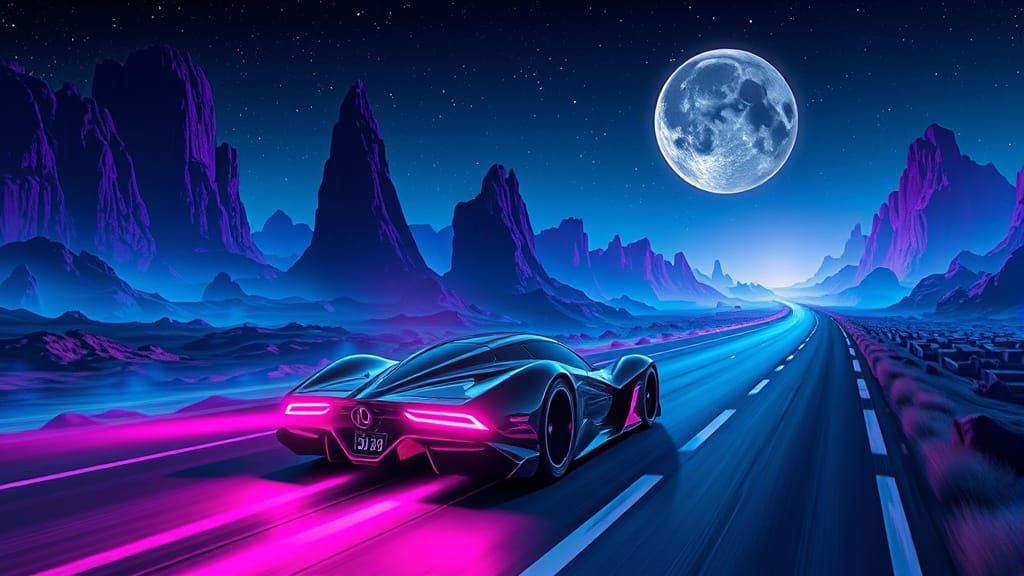Cyberpunk Car on Alien Highway at Night