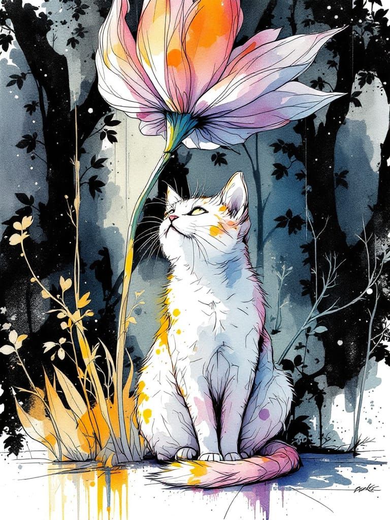 White Cat Under Lotus Light in Blueprint Style