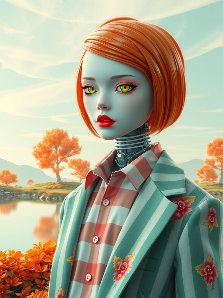 Cyborg Portrait with Teal Sky, in Futuristic Style