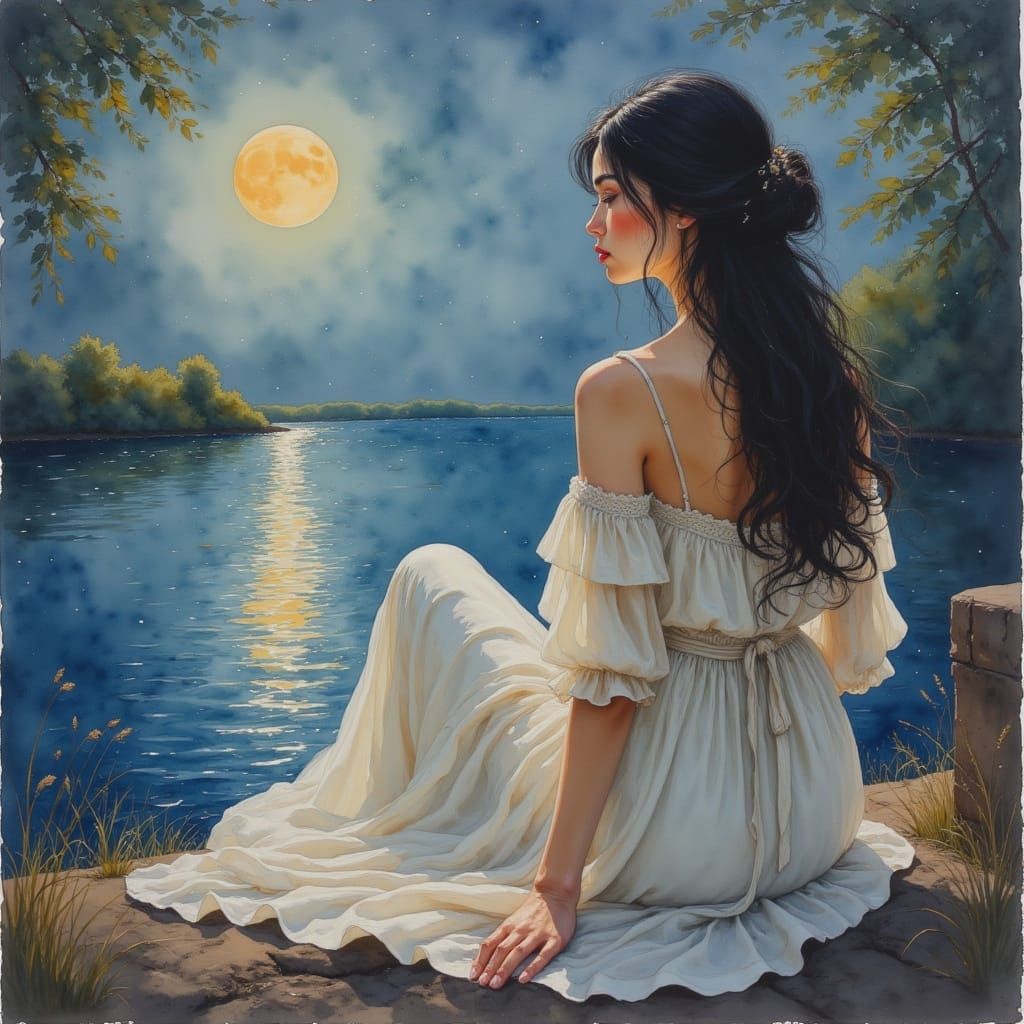Woman by Moonlit Water in Romantic Oil Painting Style