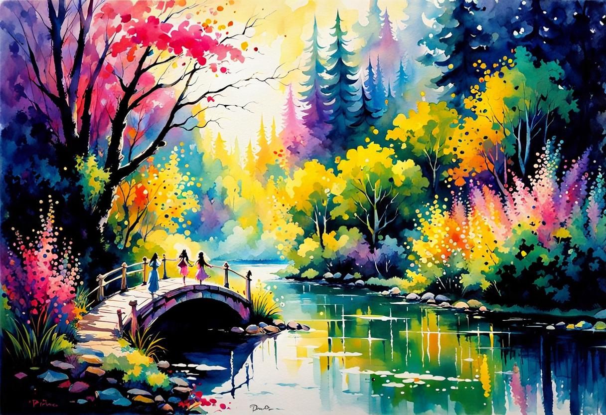 Whimsical Bridge, Whimsical fairy, shimmering beautiful wings that glimmer in the light, flying over a river, lush veget...