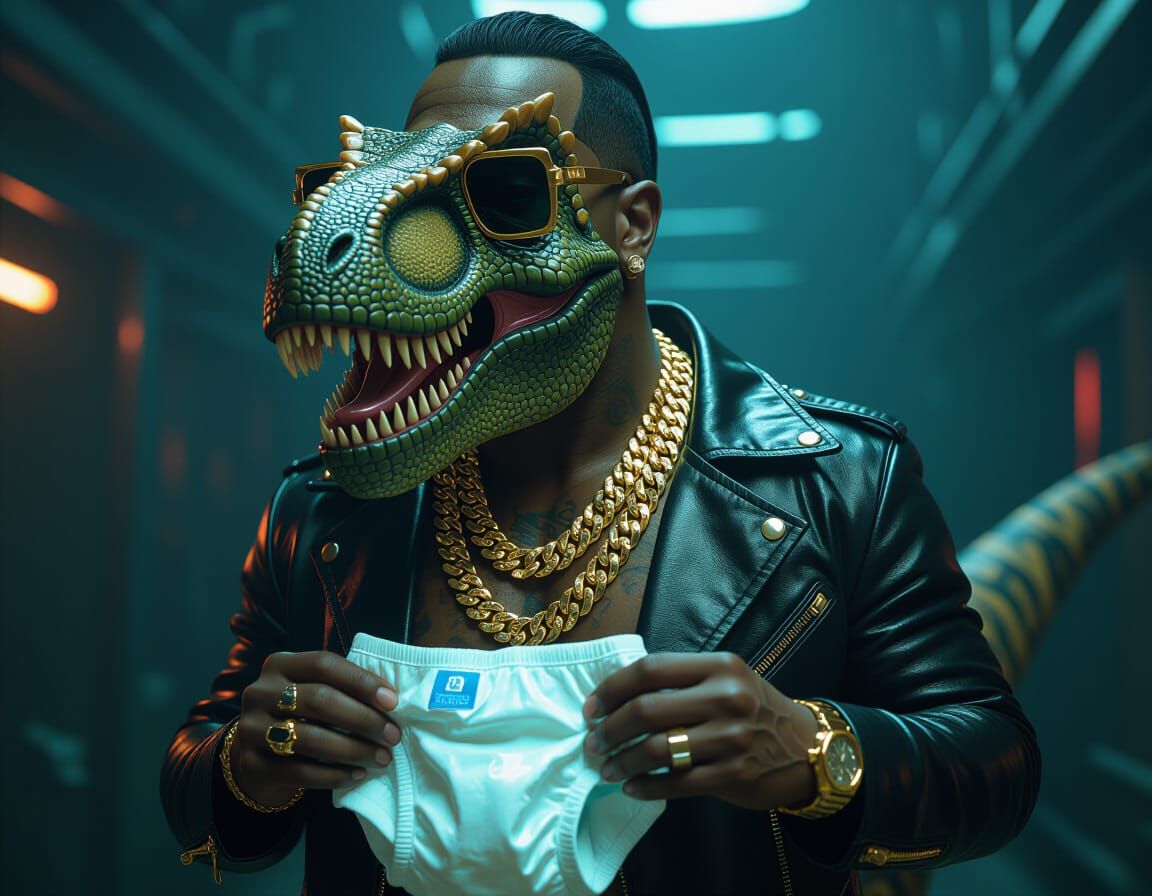 Menacing T-Rex in Biomechanical Style Grasping Diaper