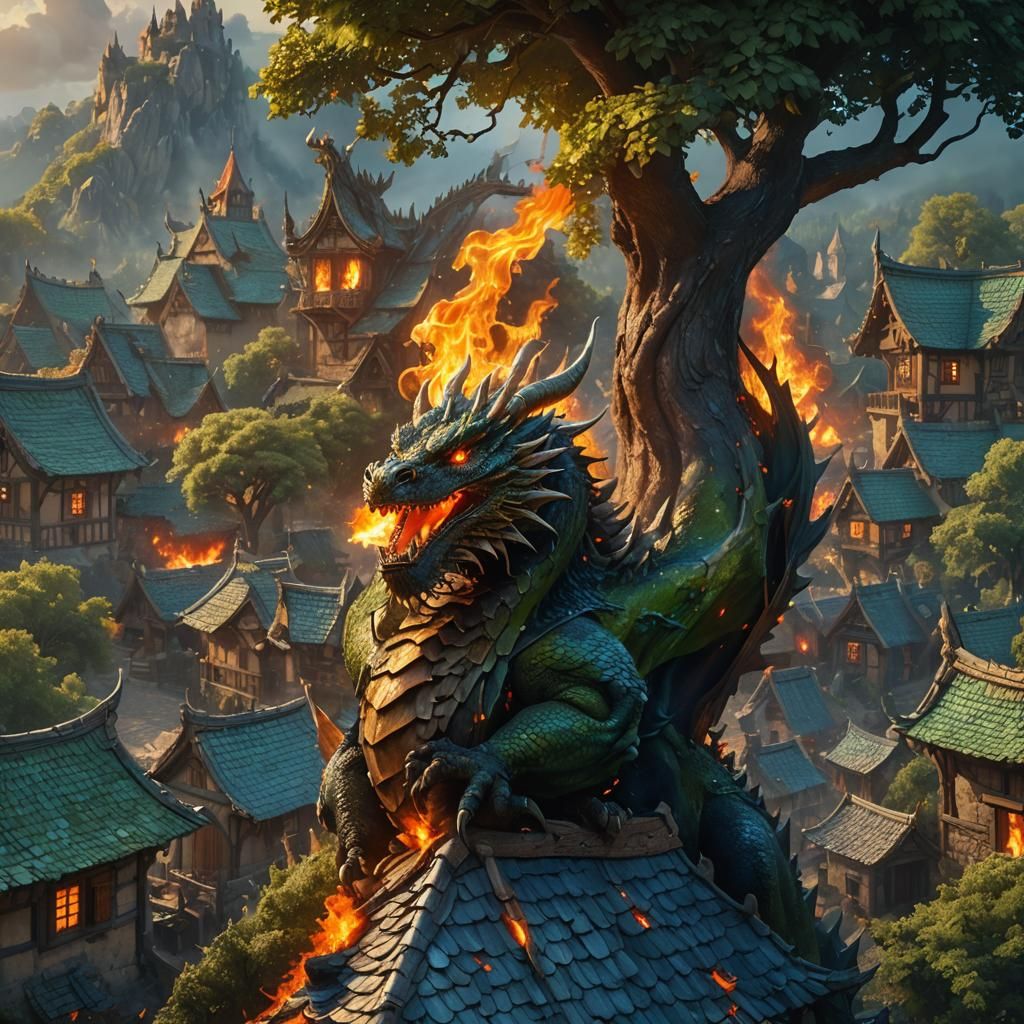 Dragon's Fiery Breath: Matte Painting of Village Inferno