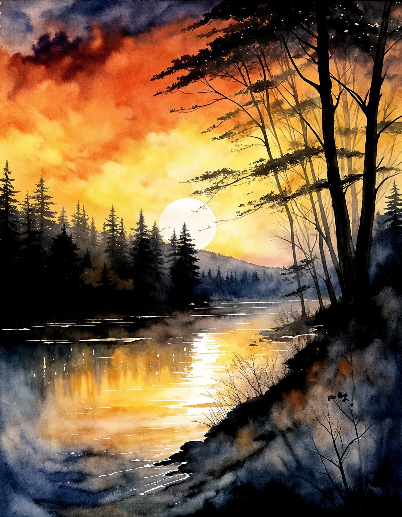 Radiant Sunrise Breaking Through Night, Watercolor Masterpie...