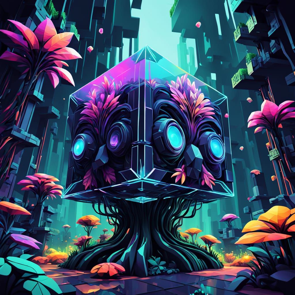Surreal Cube Forest with Glowing, Iridescent Plant Life