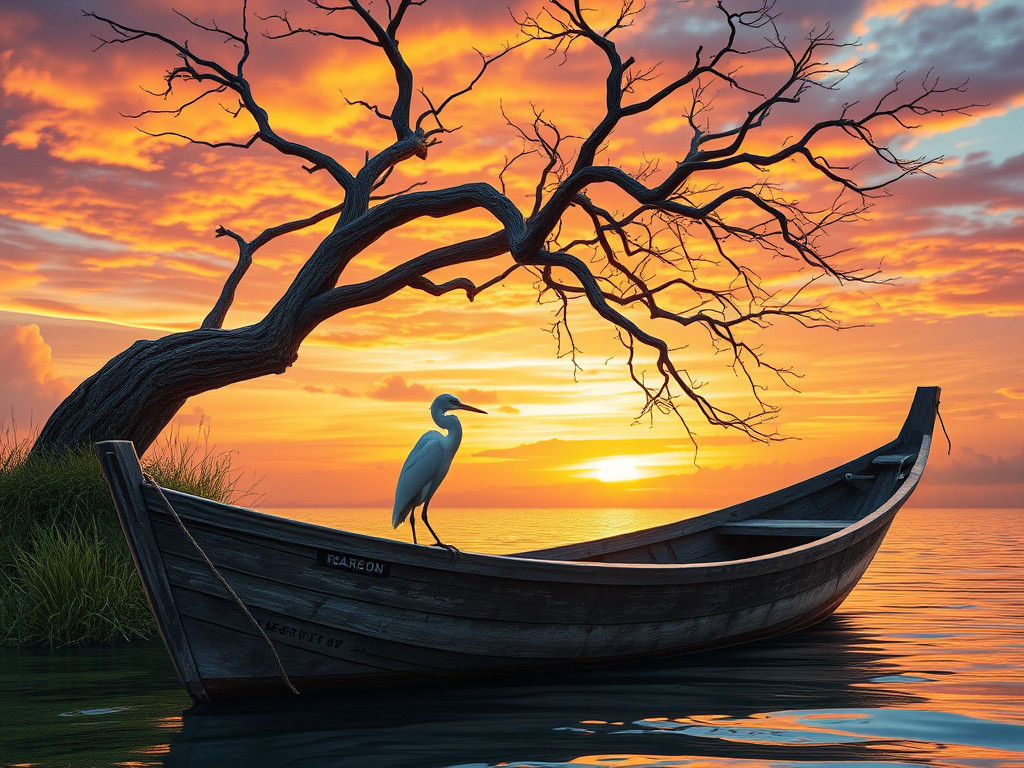 Heron on Fishing Boat at Sunset in Matte Painting Style