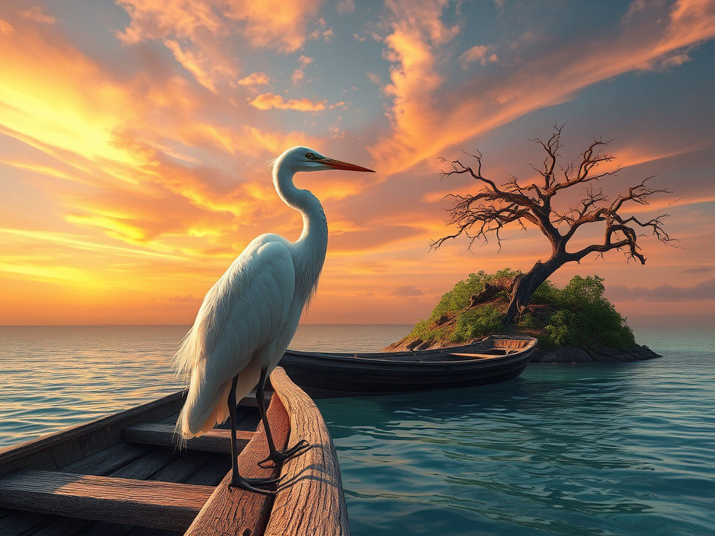 Heron on Boat at Sunset Lagoon