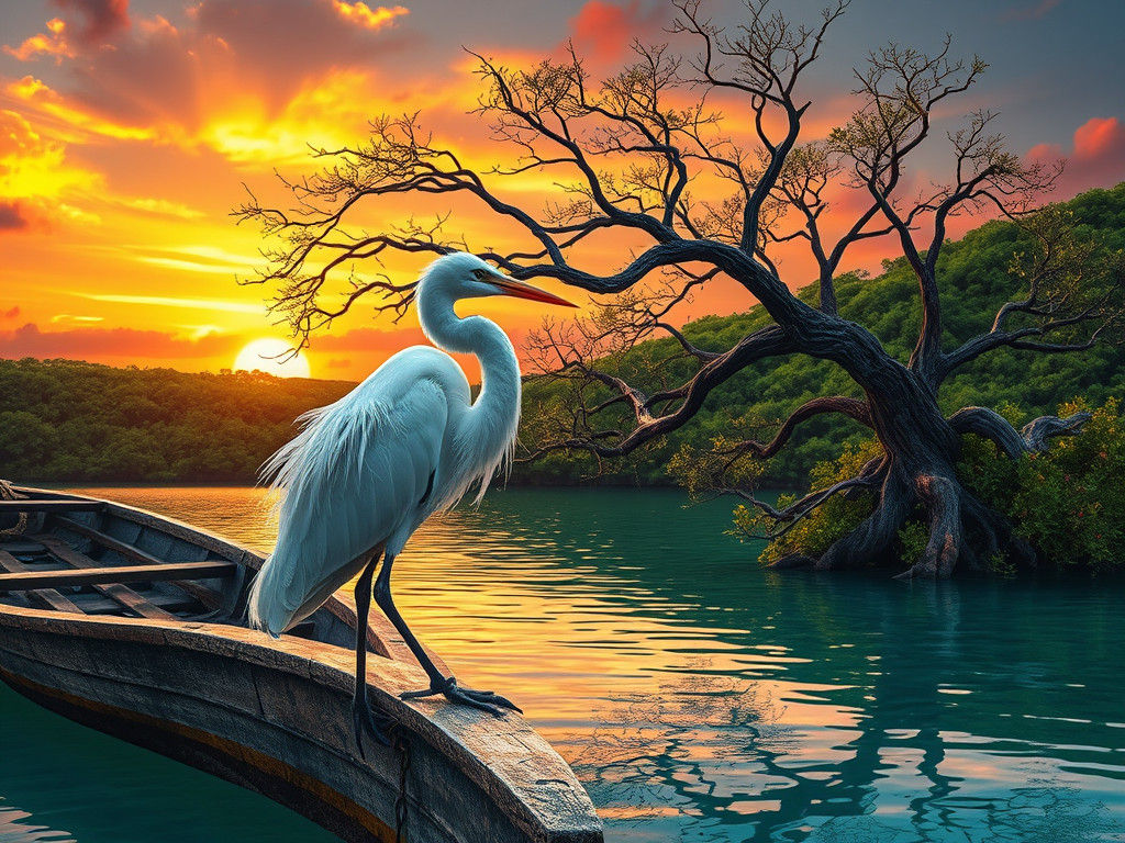 Heron on Boat at Sunset: Matte Painting
