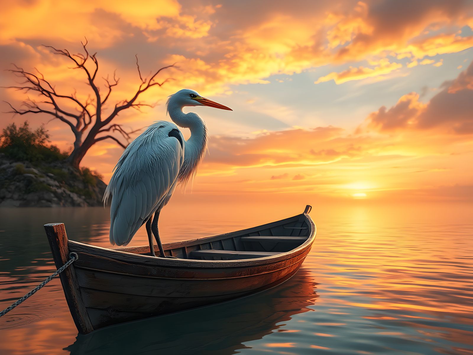 White Heron in Lagoon at Sunset