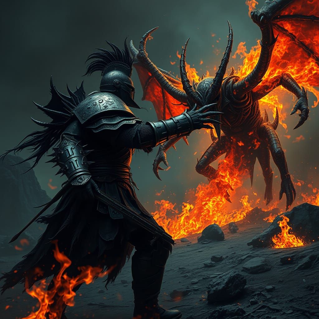 Dark Warrior Battles Demon in Hellish Landscape