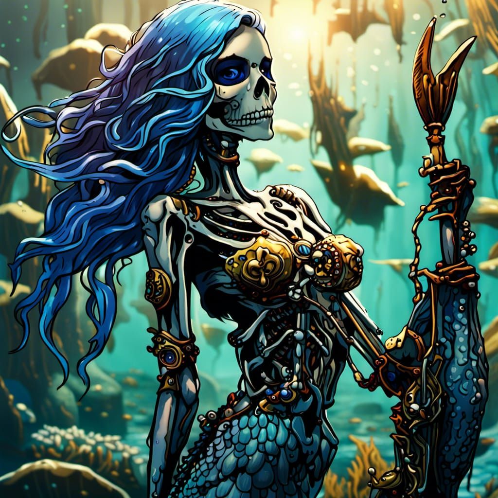 Blue-Haired Mermaid Skeleton in 2D Comic Style