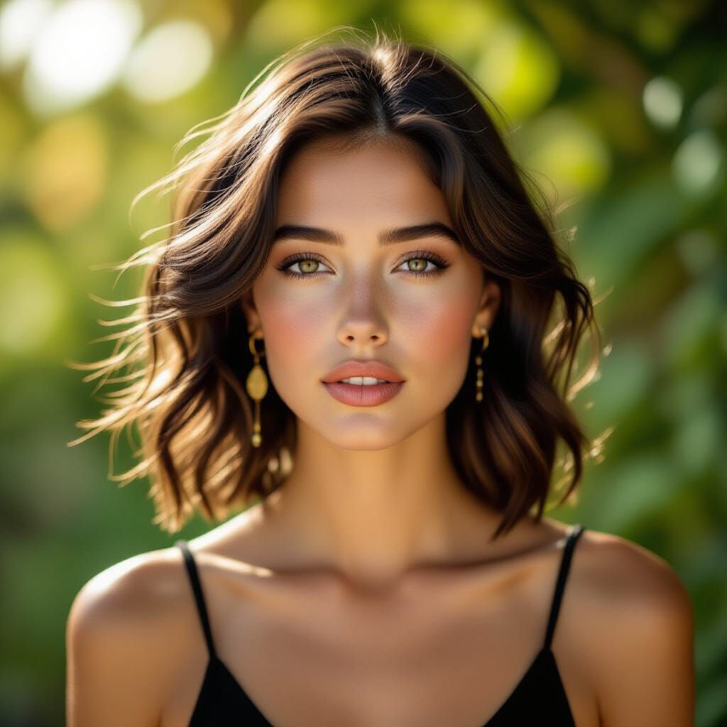 A photograph depicting a young woman with shoulder-length, v...