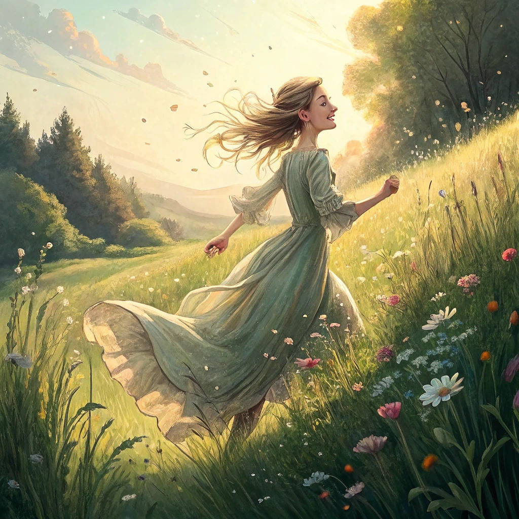 Girl in Flowing Dress Runs Through Meadow