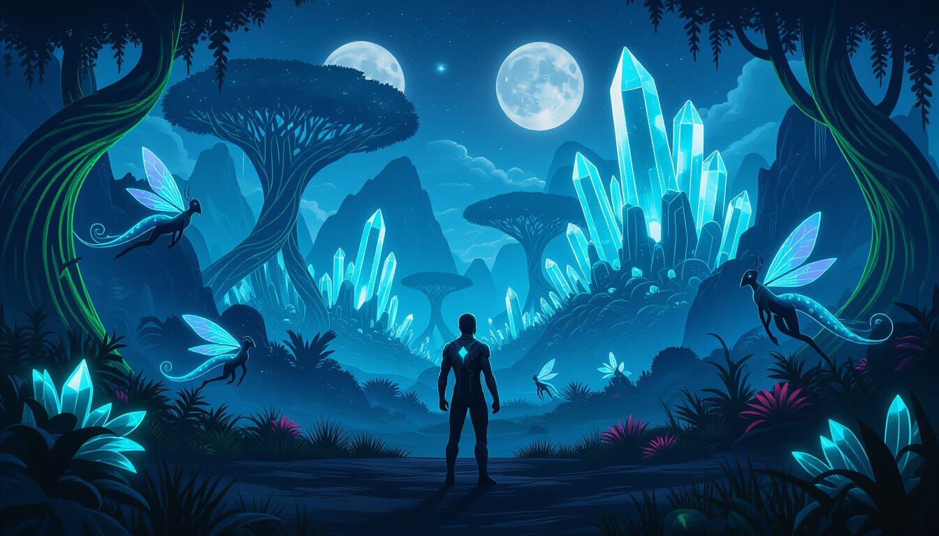 Marvel-Style Alien World with Bioluminescent Jungle