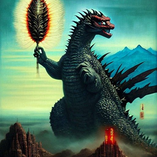 Godzilla and Mothra: Detailed Maximalist Matte Painting