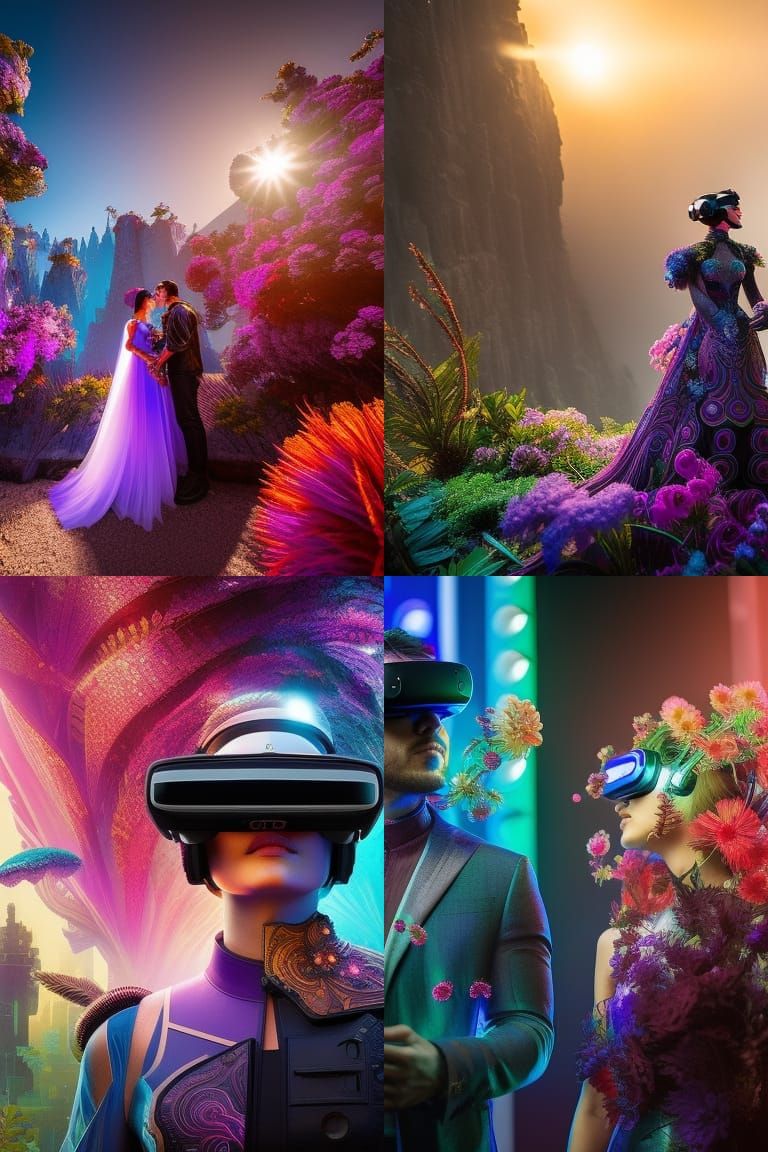 Cyberpunk Couple Immersed in Metaverse with AR/VR Headsets