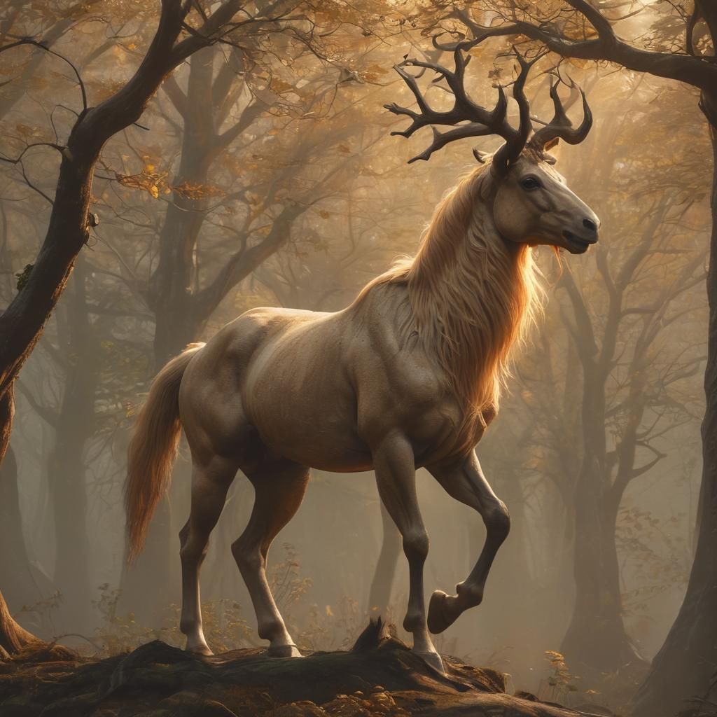 Centaur in Misty Forest, Oil Painting Style