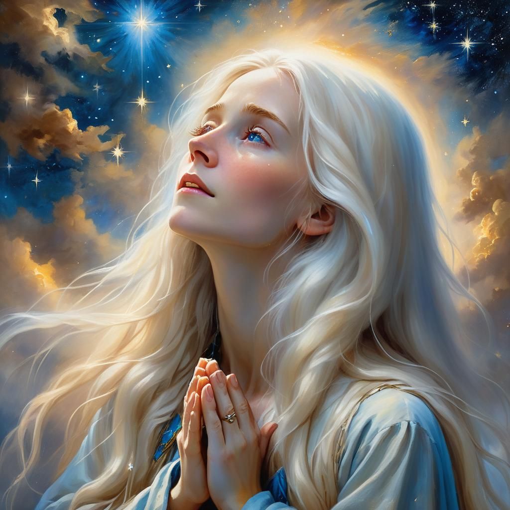 Mystical Woman Praying to the Heavens: Oil Painting