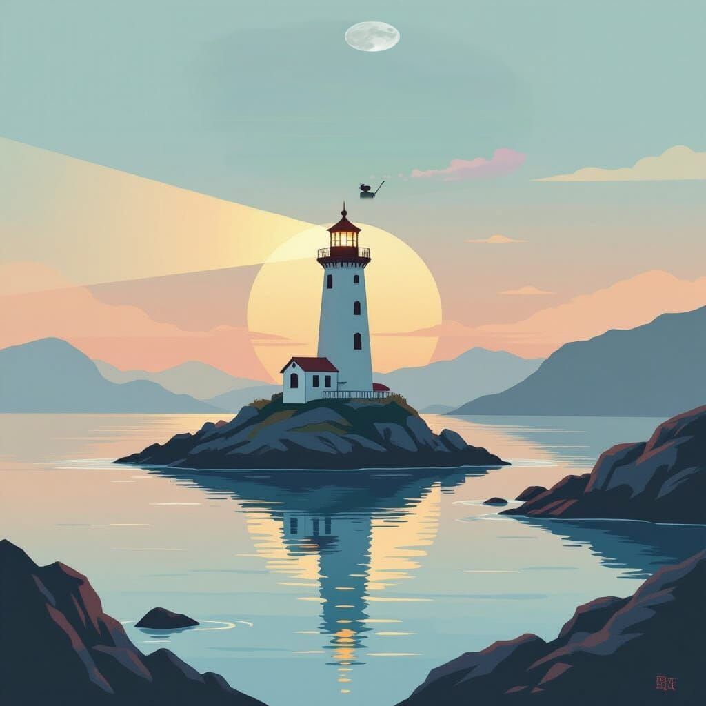 Mystical Oil Painting of Figure Under Moon and Rainbow