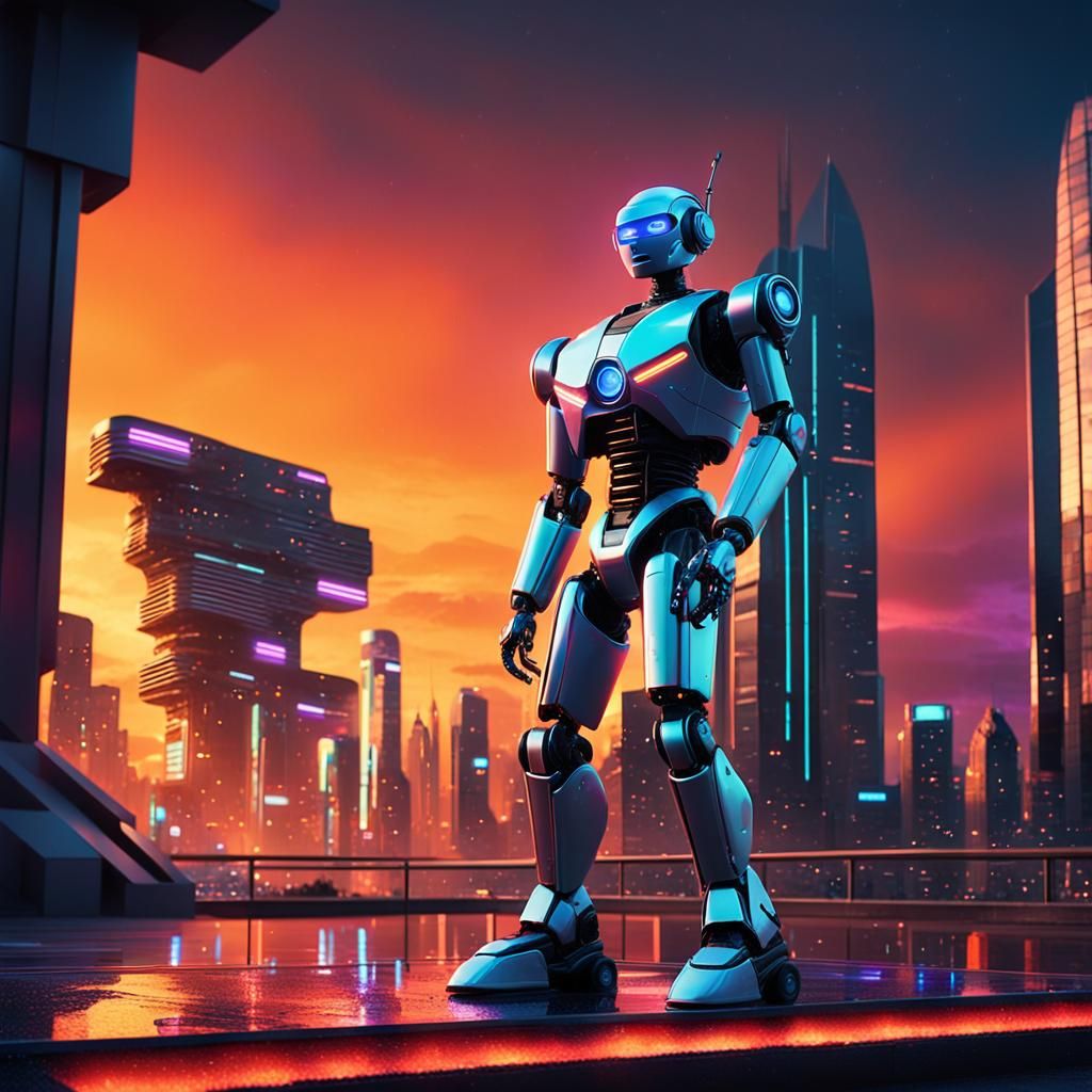 Sleek Robot Delivers Futuristic Address in Neon Cityscape