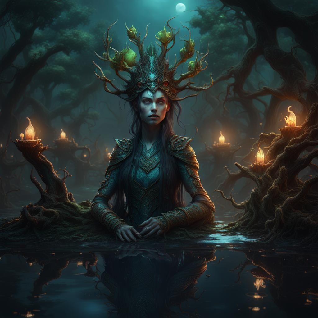 Swamp Heiress with Night Creatures: Detailed Matte Painting