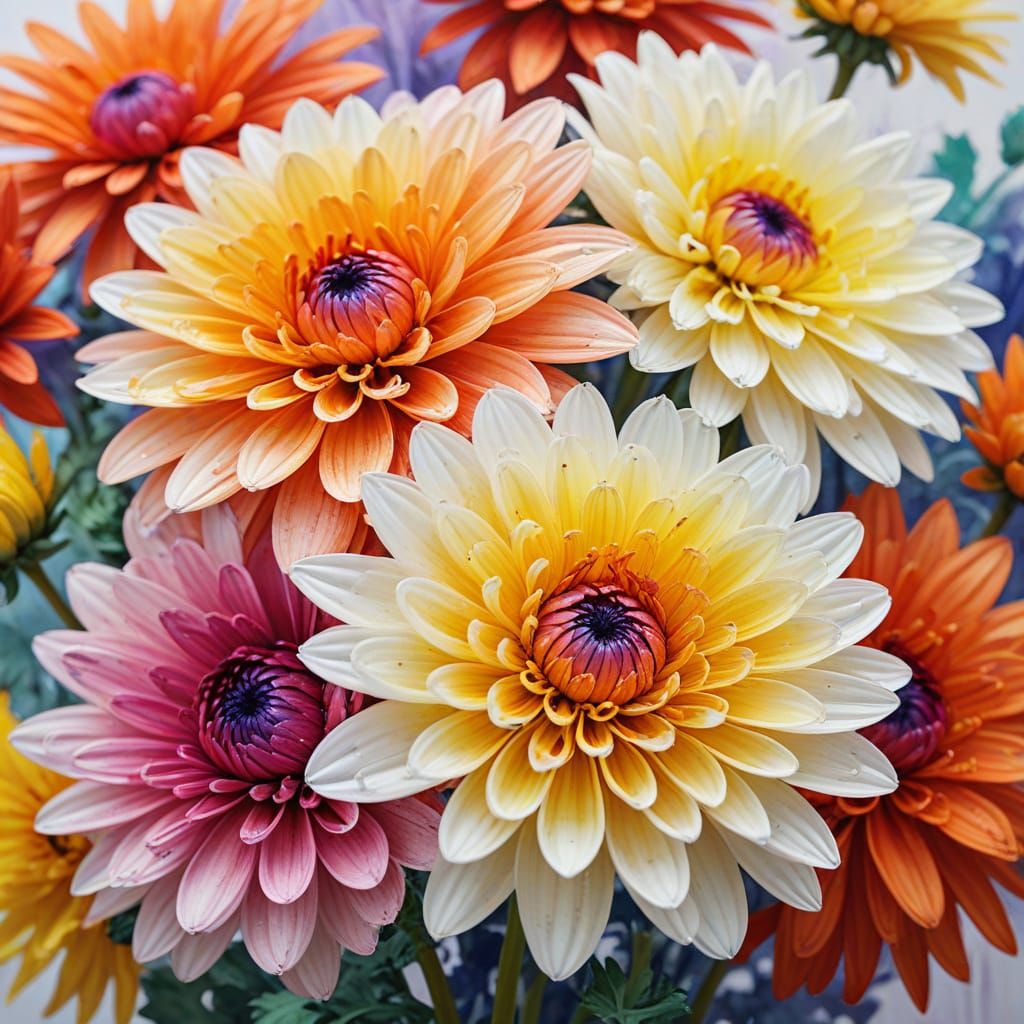 Vibrant Chrysanthemums in Geometric Watercolor Style