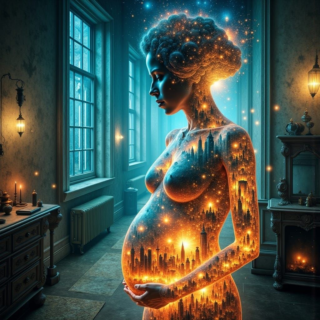 Surreal Expectant Mother in Dreamlike Cyberpunk Room